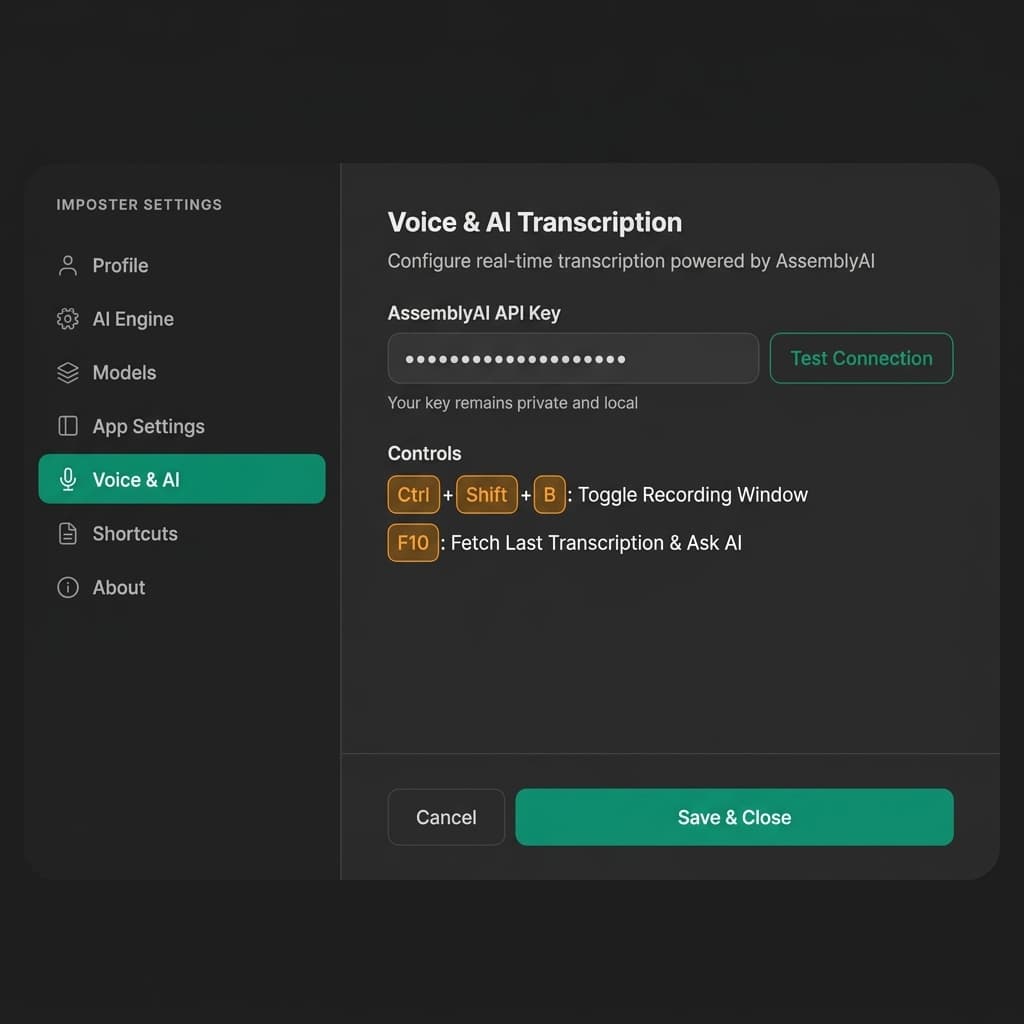 Imposter Settings - Voice & AI Transcription setup
